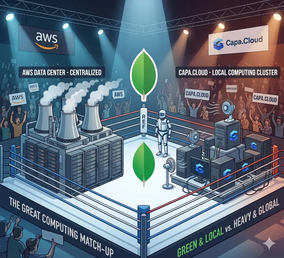 A boxing ring: on the left, a centralized AWS data center with cooling towers; on the right, a cluster of home PCs with Capa.Cloud logo and room fans; a green leaf icon in the center.