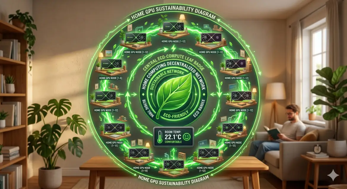Multiple gaming desktops connected in a mesh network, each with its own GPU and case fan, forming a decentralized platform logo, with a carbon leaf on each computer.