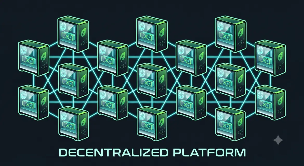 A circular diagram where each node is a consumer GPU card in a home setting, connected by green energy lines, with a central leaf badge and room temperature indicator.
