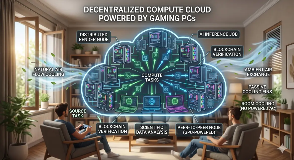 A modern cloud icon formed by a network of gaming PCs and laptops in a living room, with arrows showing compute tasks being distributed, all cooled by natural air flow.