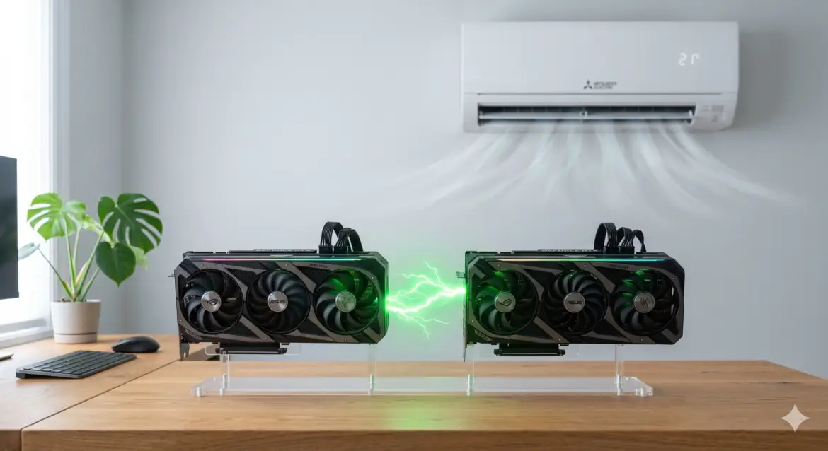 Simple but clean: two consumer GPUs connected by a green peer-to-peer lightning bolt, with a room air conditioner vent in the background blowing neutral cool air.