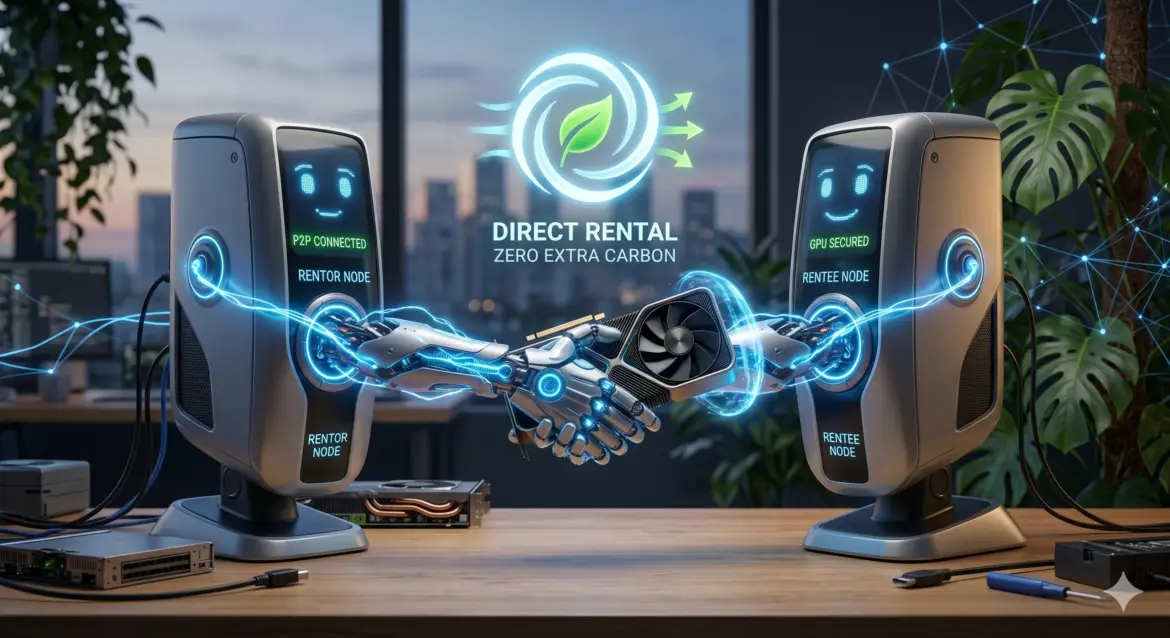 Two computers shaking hands via a peer-to-peer connection line, a GPU card passing between them, and a fresh air symbol above, illustrating direct rental with zero extra carbon.