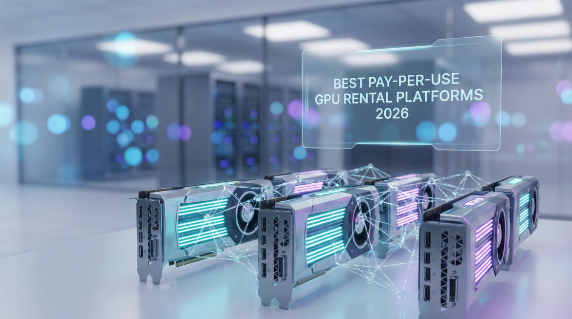 "Futuristic 3D render of high-end GPUs with cyan and purple lights, interconnected by a blockchain network, in a data center with a holographic display showing 'Best Pay-Per-Use GPU Rental Platforms 2026'."