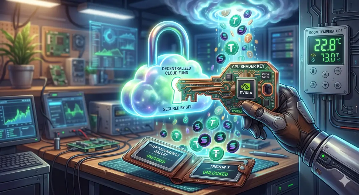 A key made of a GPU shader core unlocking a glowing padlock shaped like a cloud, with USDT and Solana coins falling into a wallet, and a thermometer showing room temperature.