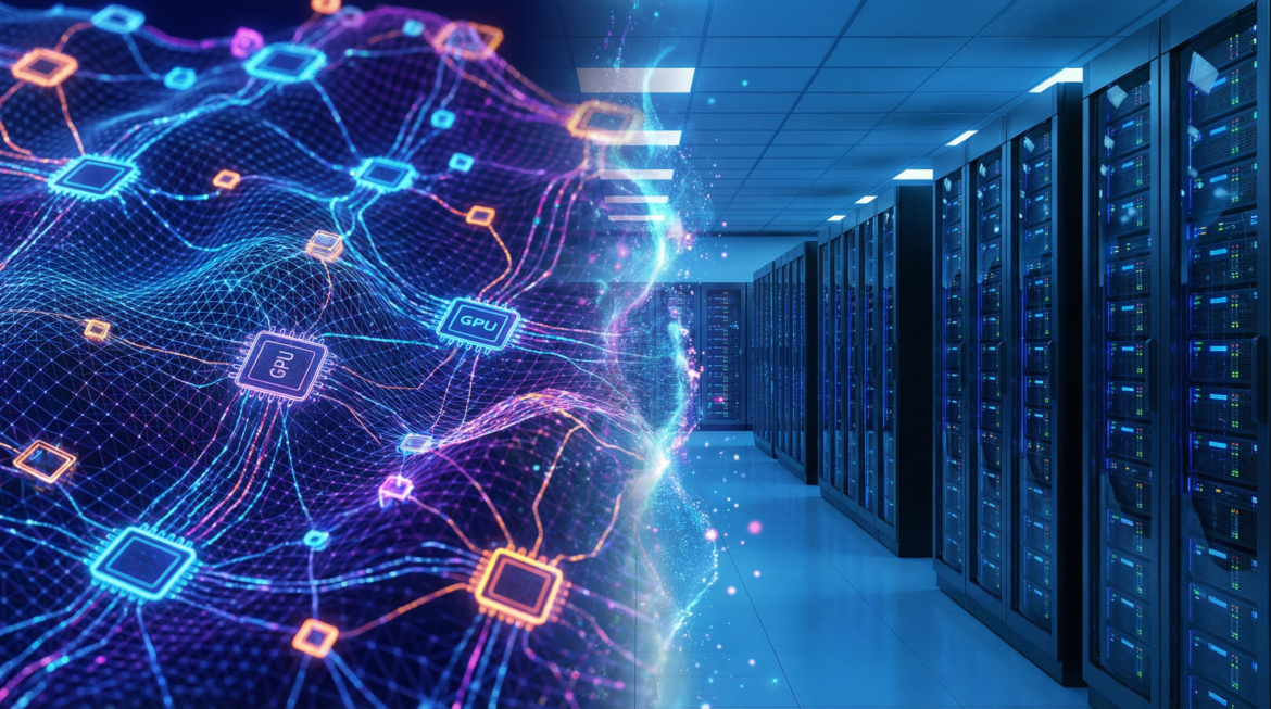 "Conceptual image comparing decentralized cloud GPU solutions (glowing mesh network of GPU chips) with centralized AWS data centers (rows of server racks), highlighting the contrast between the two technologies."