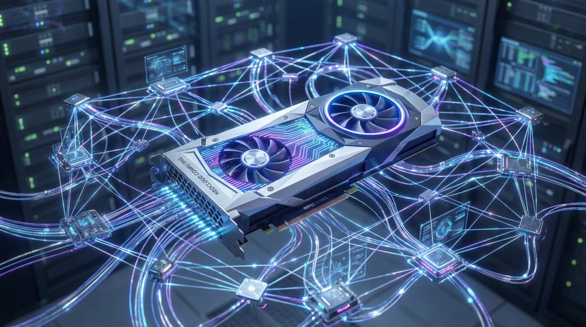 A futuristic, minimalist 3D render of multiple high-performance GPUs arranged in a decentralized grid on a dark surface, interconnected by glowing neon blue circuit lines, representing a peer-to-peer neocloud computing network.