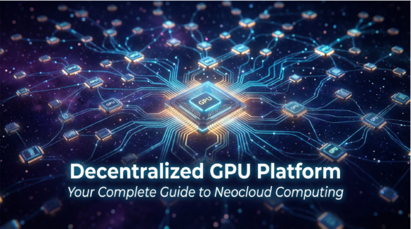Decentralized GPU platform blog cover showing interconnected GPU nodes in a futuristic network mesh illustrating neocloud computing infrastructure for distributed processing