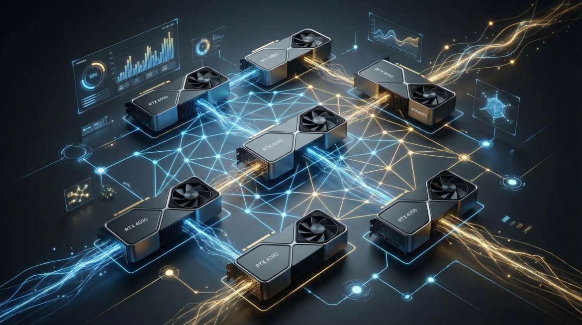 Conceptual 3D illustration of multiple high-end graphics cards (GPUs) interconnected by glowing blue and gold neural network lines, symbolizing a decentralized peer-to-peer compute pool. The dark, modern tech background includes abstract data visualizations, conveying efficiency and high performance in GPU sharing