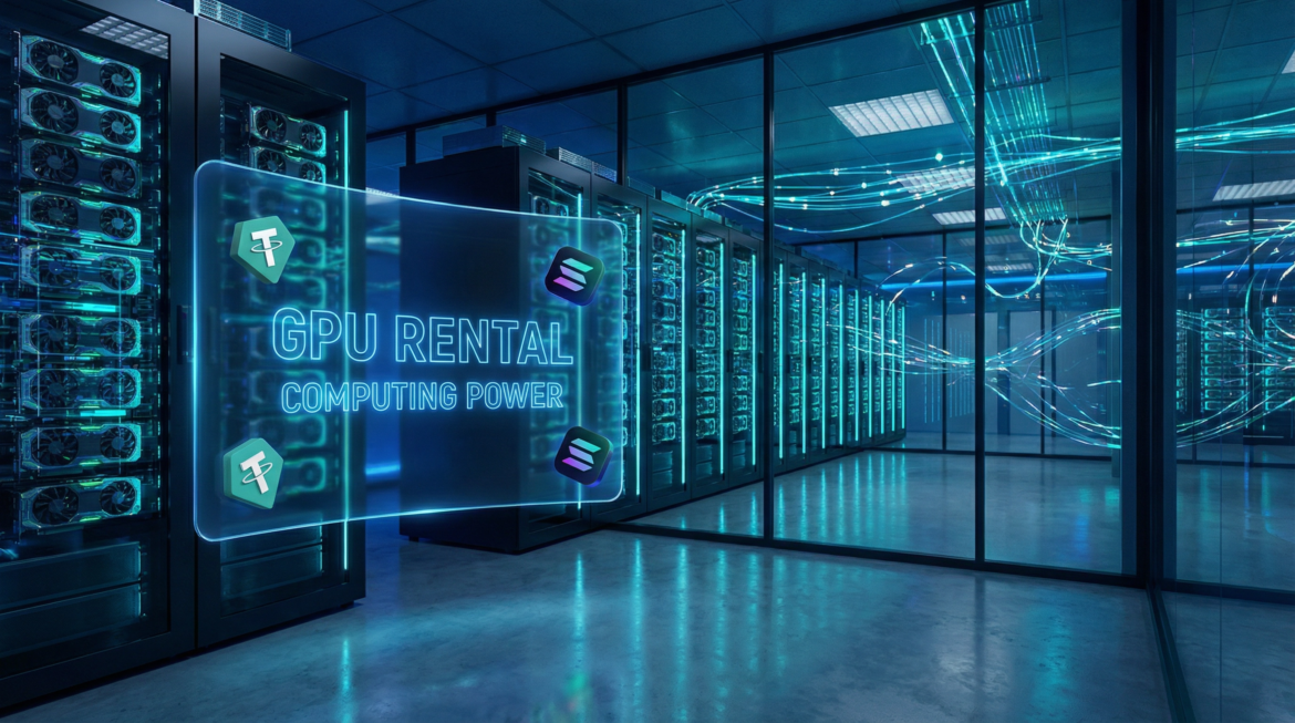 Close-up of a futuristic GPU rental data center with glowing server racks and a holographic interface displaying 'GPU Rental' and 'Computing Power', featuring 3D Solana (SOL) cryptocurrency icons, symbolizing crypto payments for high-performance computing.