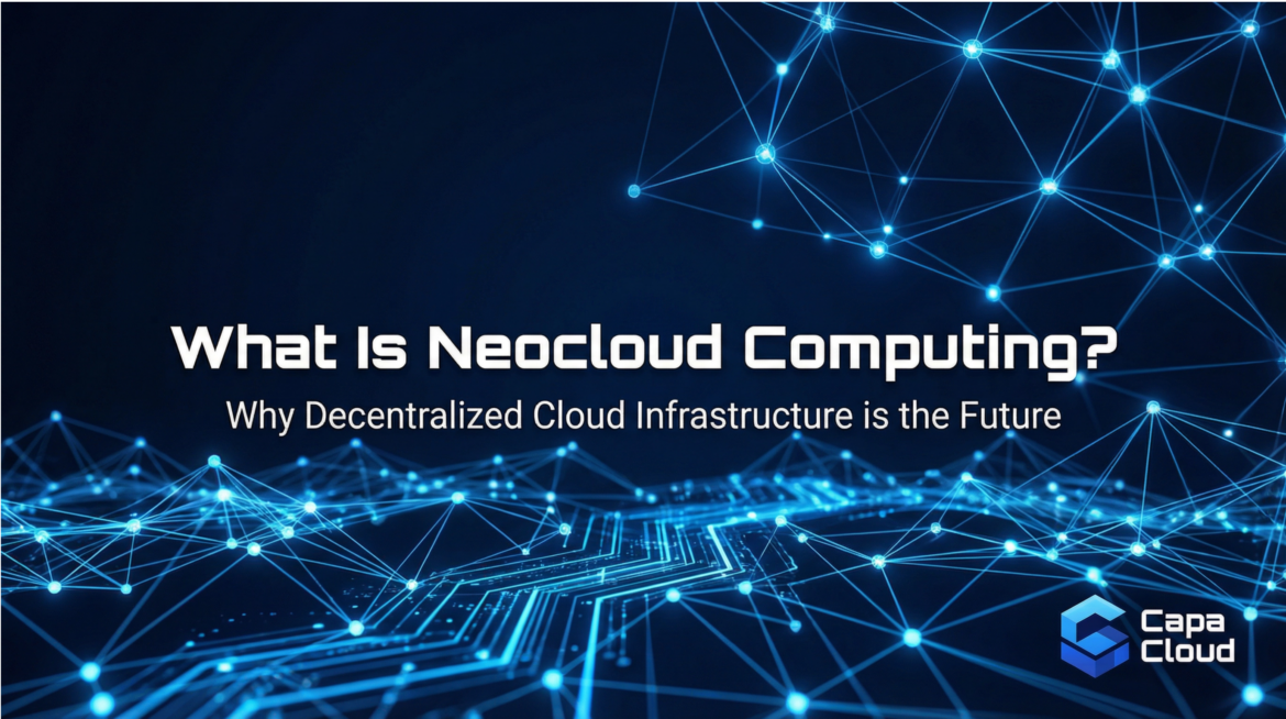 Blog cover for 'What Is Neocloud Computing?' showing a glowing decentralized network and Capa Cloud branding