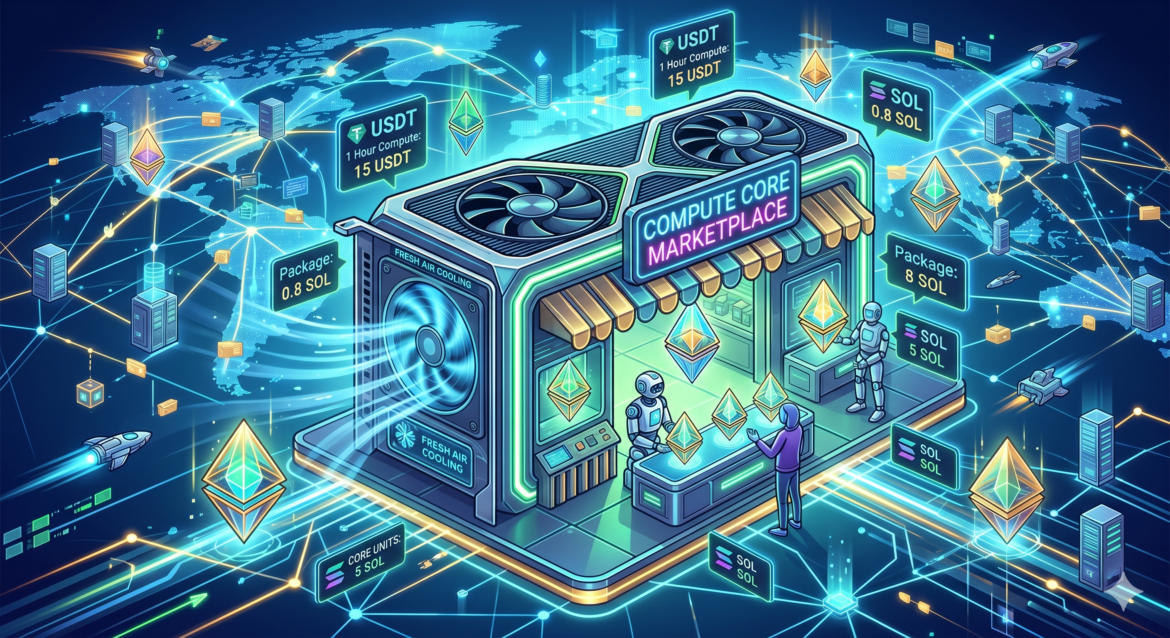 A digital marketplace stall shaped like a GPU, with price tags in USDT and Solana, surrounded by floating compute cores and a cooling fan blowing fresh air, set against a decentralized peer-to-peer network background.