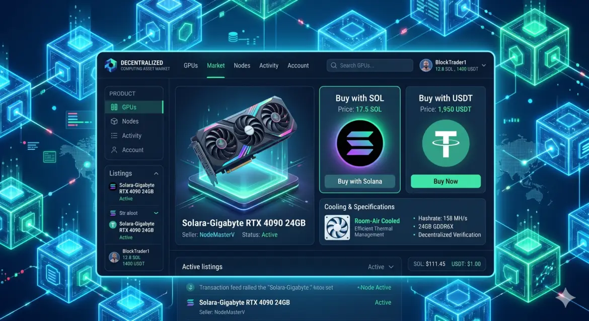 A digital marketplace interface with blockchain blocks forming the background, a GPU card as the product, Solana and USDT coin icons, and a small fan icon representing room-air cooling.