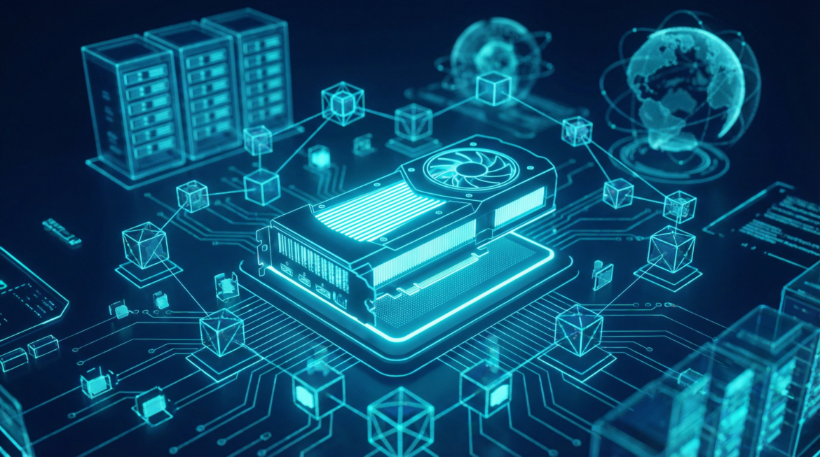 Blockchain GPU Marketplace: High-end graphics card connected to decentralized blockchain network for compute power