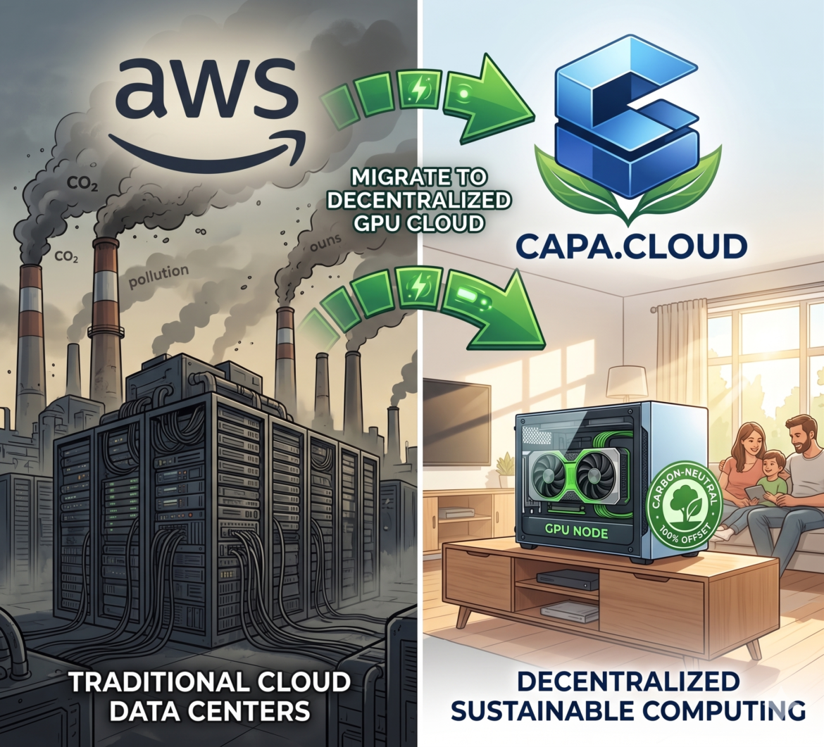 A split screen: left side shows the AWS logo with smokestacks, right side shows Capa.Cloud logo with a GPU in a living room and a carbon-neutral badge, connected by a green arrow.