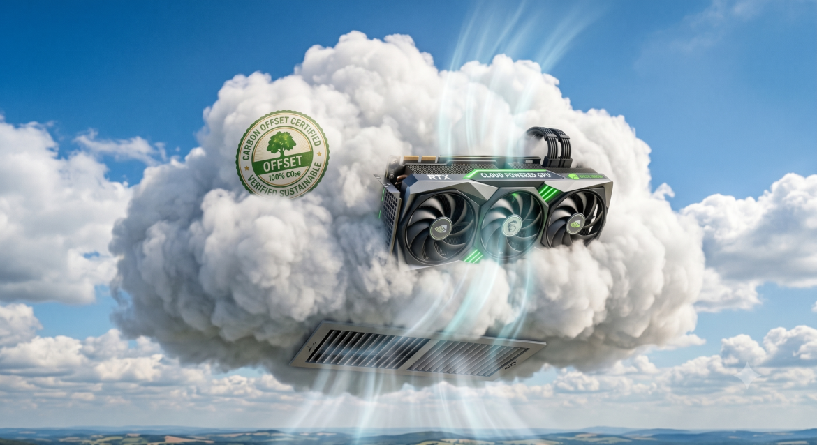 A fluffy cloud with a GPU embedded inside, a carbon offset seal on the cloud’s surface, and a room ventilation grill at the bottom pushing neutral-temperature air upward.