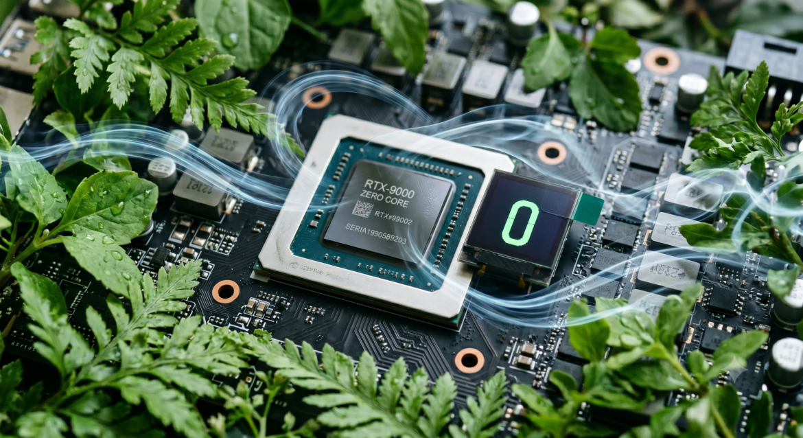 A close-up of a GPU chip with a perfect zero displayed on a small screen attached to it, surrounded by fresh green leaves and invisible cool airflow lines
