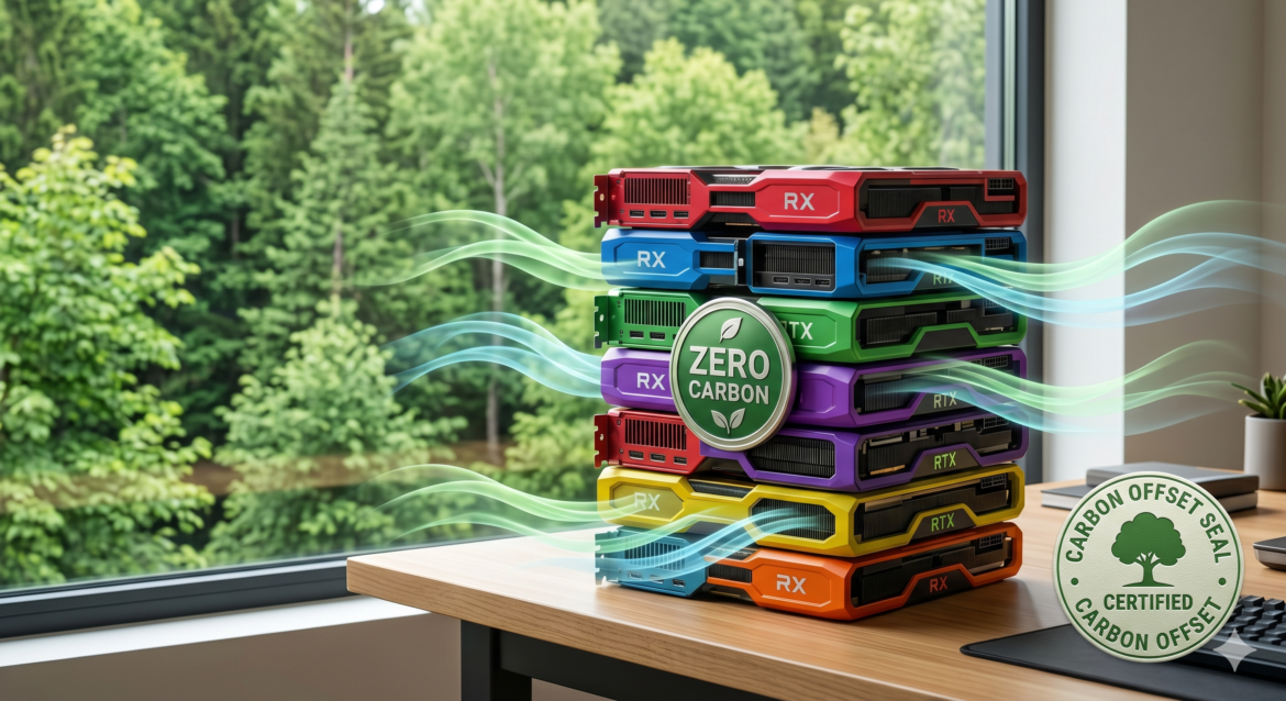 A cluster of colorful gaming GPUs stacked like bricks, with a zero-carbon badge and air flow lines passing through them, all placed next to a window showing a green forest and a carbon offset seal.