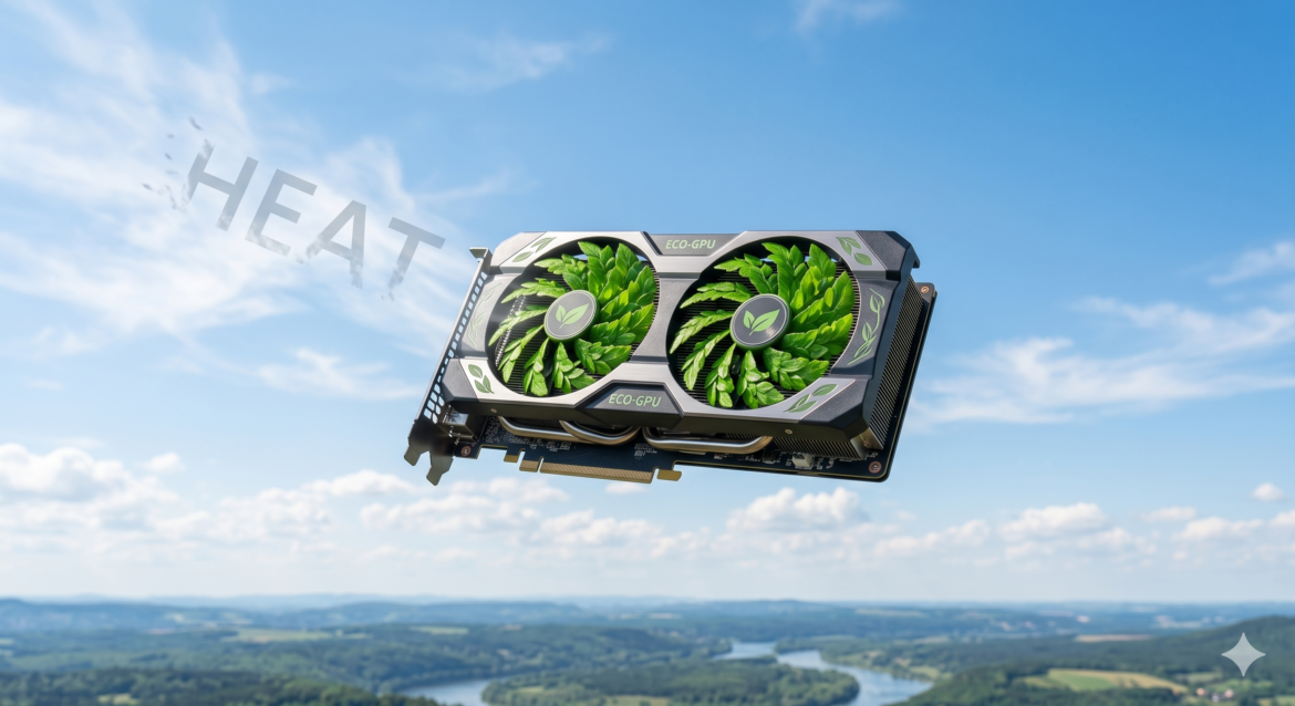 A single GPU floating in a clear sky, with its fan blades replaced by small green leaves, and a light breeze carrying away the word “HEAT” in faded text.