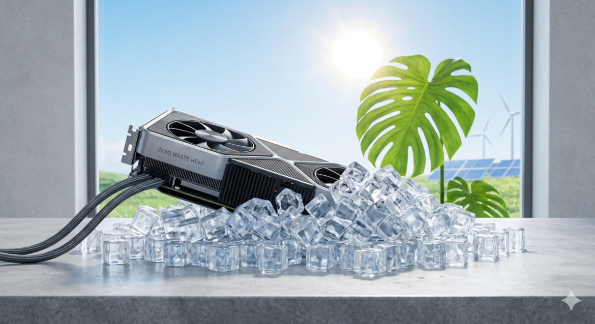 A GPU half-submerged in a pile of ice cubes that are not melting, with a sun and a leaf in the background, representing zero-waste heat and climate-conscious computing.