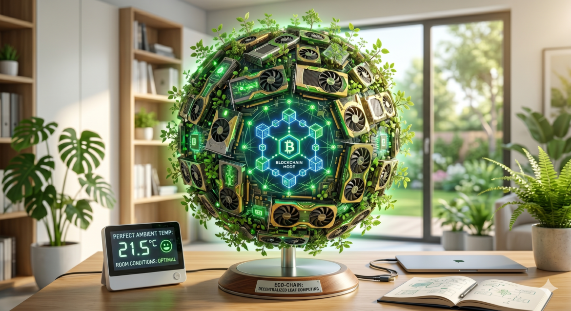 A globe made of linked GPU cards, each card emitting a tiny leaf instead of heat, with a blockchain node symbol and a room thermometer showing perfect ambient temperature.
