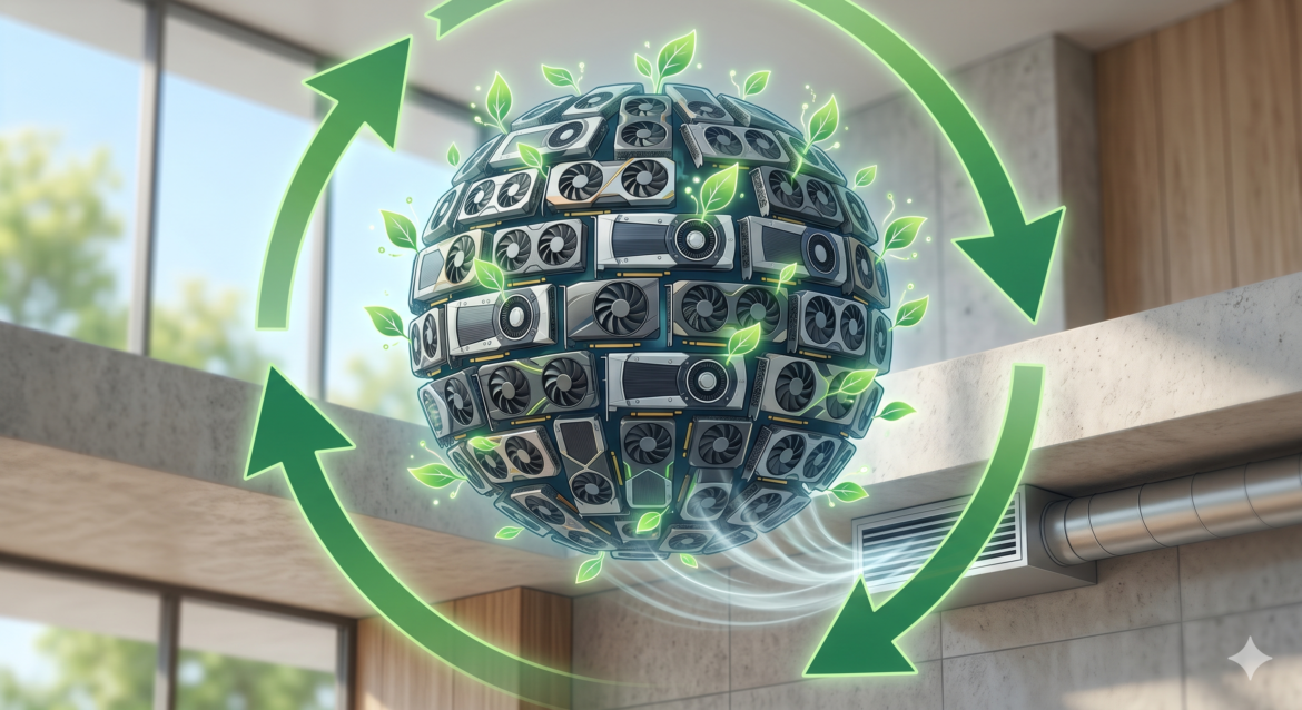 A globe-shaped cloud made of interlocking consumer GPU cards, each emitting a small leaf, with a room ventilation system and a recycling arrow circling the whole composition.