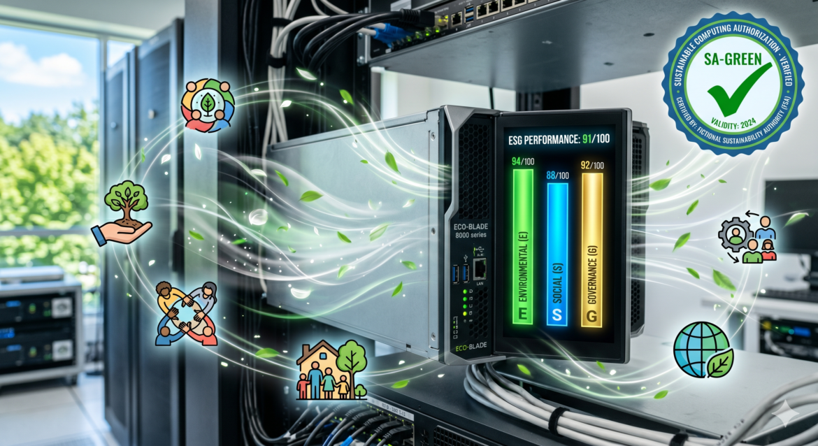 A server blade with ESG score bars on its side (E, S, G in green, blue, and gold), surrounded by fresh air and community icons, with a checkmark from a fictional sustainability authority.