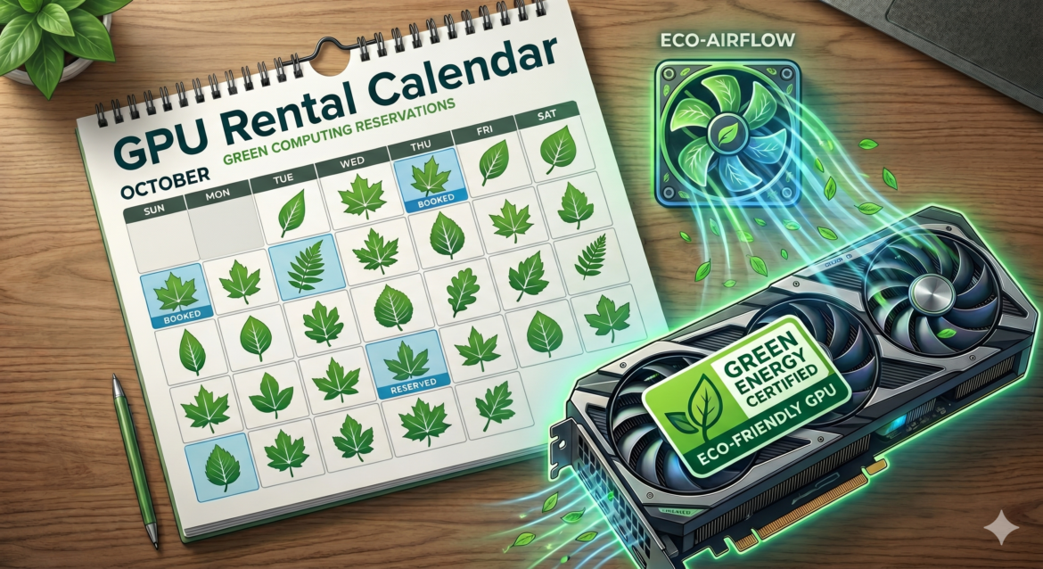 A rental calendar page with a leaf replacing each date number, a GPU card with a green energy sticker, and a fan icon blowing clean air over the hardware.