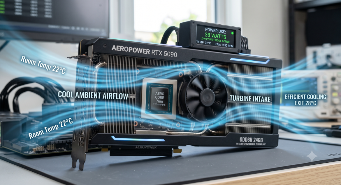 A GPU chip with a tiny wind turbine integrated into its heatsink, a power meter showing low watts, and cool blue air streams labeled “room temp 22°C” wrapping around the card.