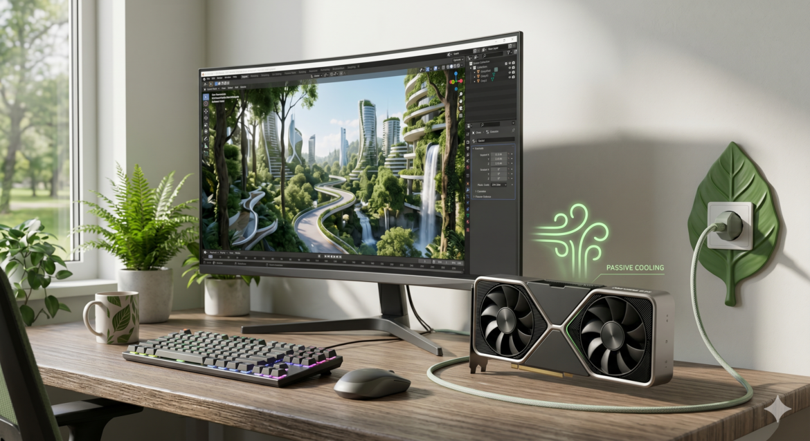 A 3D render of a photorealistic scene being created on a monitor, with a consumer GPU connected via a clean power cord to a leaf-shaped outlet, and a subtle airflow icon showing passive cooling.
