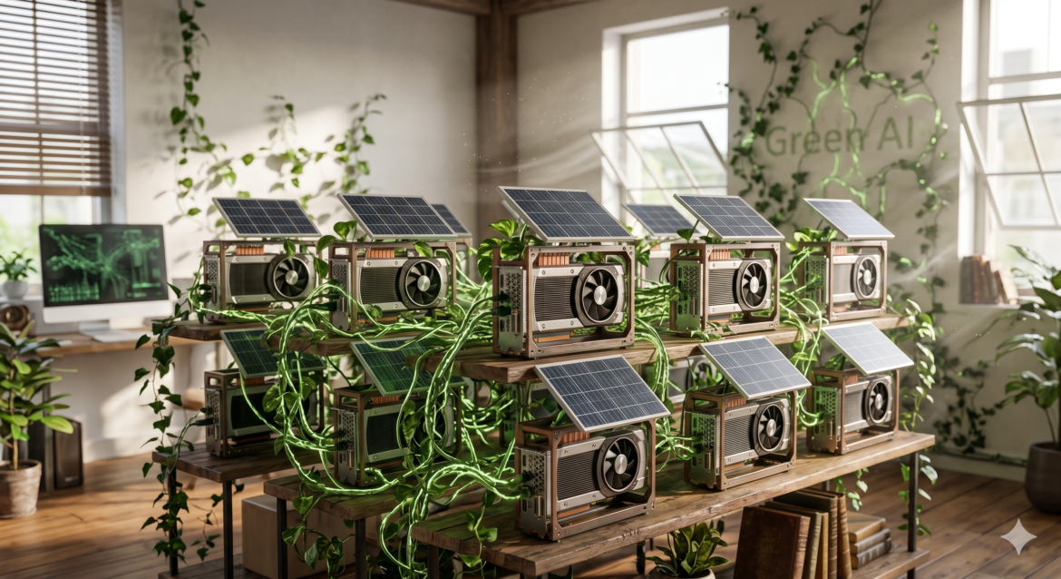 An AI neural network visualized as vines growing between GPU nodes, each node powered by a small solar panel and cooled by natural room air circulation, with the text “Green AI” faintly visible.