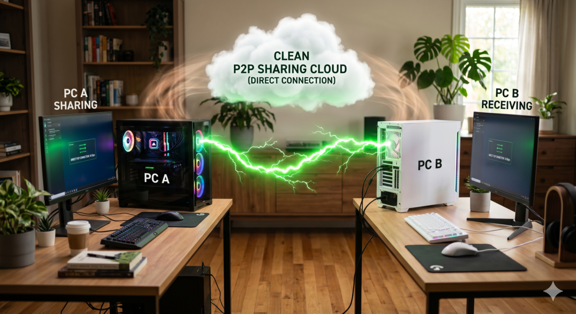 Two desktop computers connected by a lightning bolt made of green energy, with the air from their case fans merging into a single clean cloud, illustrating direct P2P sharing without data centers.