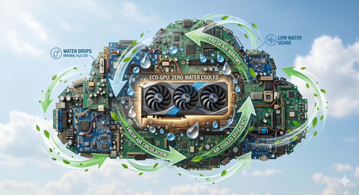 A cloud shape made of recycled circuit boards, with a GPU at its center and water drops (representing low water usage) and fresh air arrows circulating around it.