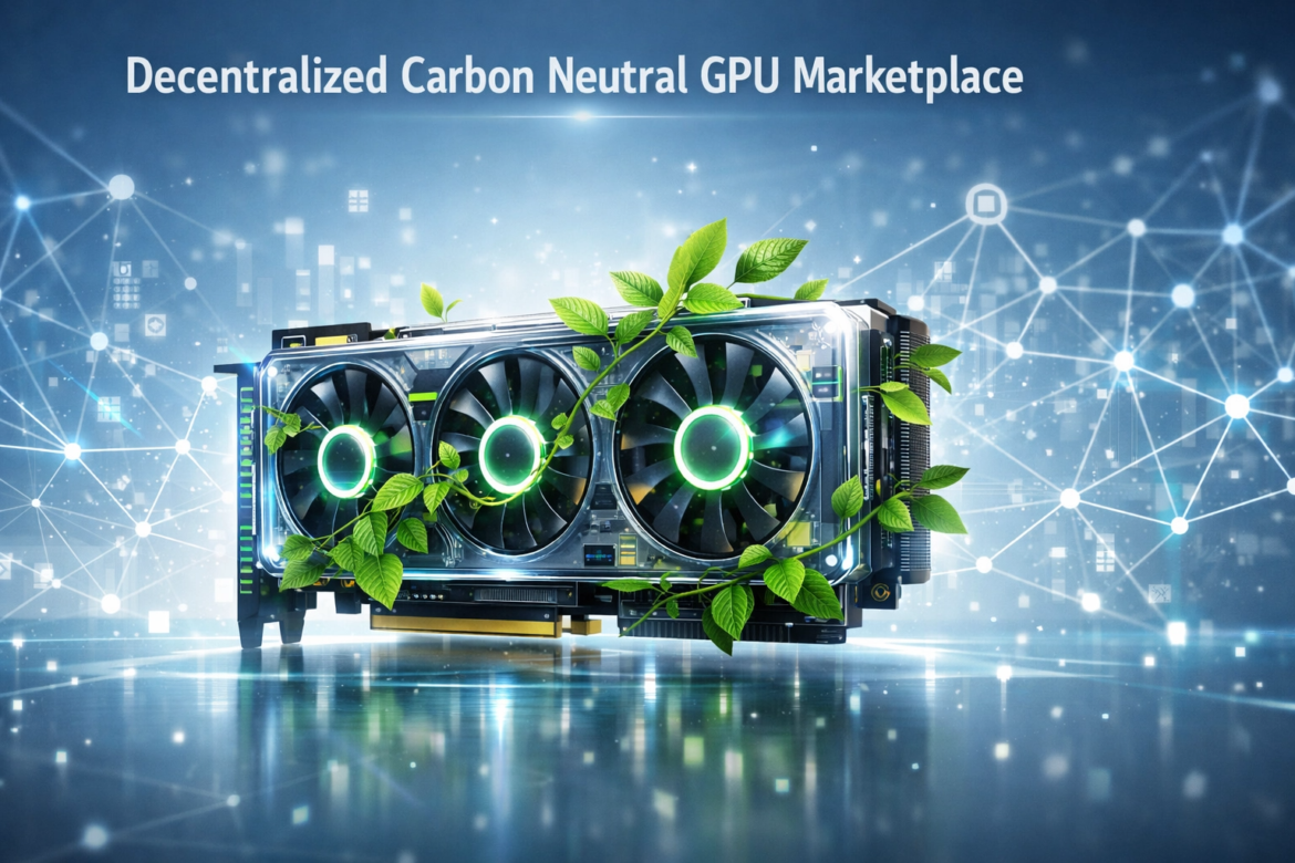 A futuristic, high-tech GPU with glowing components and translucent casing, elegantly intertwined with lush green leaves and vines to symbolize carbon neutrality. The graphics card is centered against a soft blue digital background featuring a shimmering decentralized network of interconnected nodes and data points. The text "Decentralized Carbon Neutral GPU Marketplace" is visible at the top.