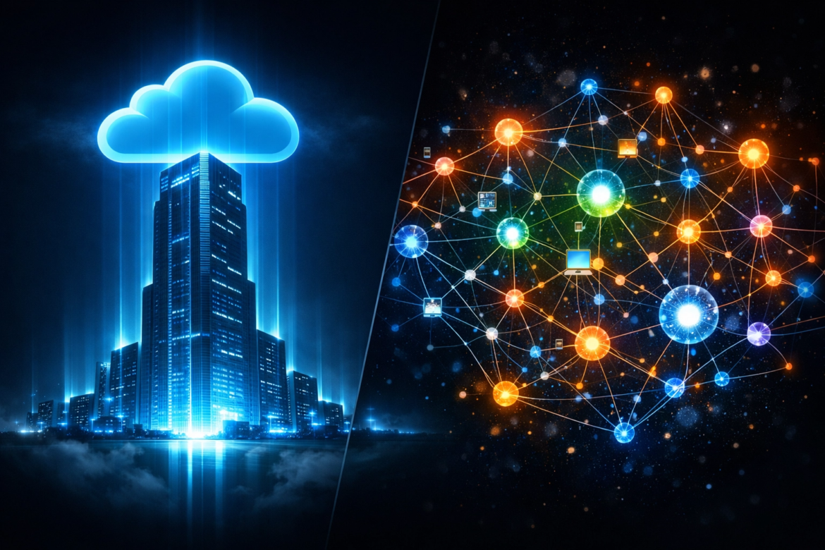 "A conceptual split-screen digital illustration comparing centralized and decentralized computing. On the left, a monolithic glowing blue skyscraper under a cloud icon represents centralized hyperscalers. On the right, a vibrant, interconnected mesh network of colorful nodes and particles represents a peer-to-peer neocloud, all set against a dark, cinematic background."