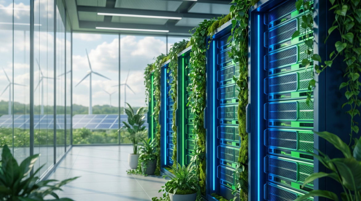 Carbon neutral cloud GPU data center with green server racks, wind turbines, and solar panels, symbolizing sustainable technology and eco-friendly computing.