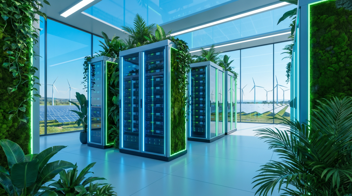A futuristic, sustainable data center featuring sleek GPU server racks with integrated vertical greenery and moss walls. Large glass windows in the background reveal a clear blue sky and a vast landscape of solar panels and wind turbines, representing carbon-neutral AI computing infrastructure.