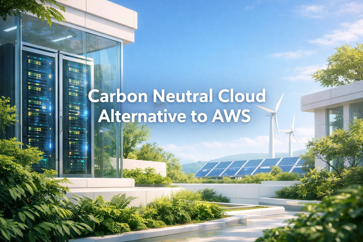 "A modern, eco-friendly data center with glowing server racks, surrounded by lush greenery, wind turbines, and solar panels under a clear blue sky. The text 'Carbon Neutral Cloud Alternative to AWS' is prominently displayed, conveying a sustainable and high-tech environment."