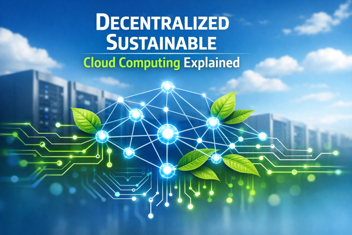 A futuristic blog cover titled "Decentralized Sustainable Cloud Computing Explained," featuring an interconnected network of glowing blue nodes integrated with vibrant green leaves and circuit board patterns, set against a blurred background of a modern data center under a blue sky.