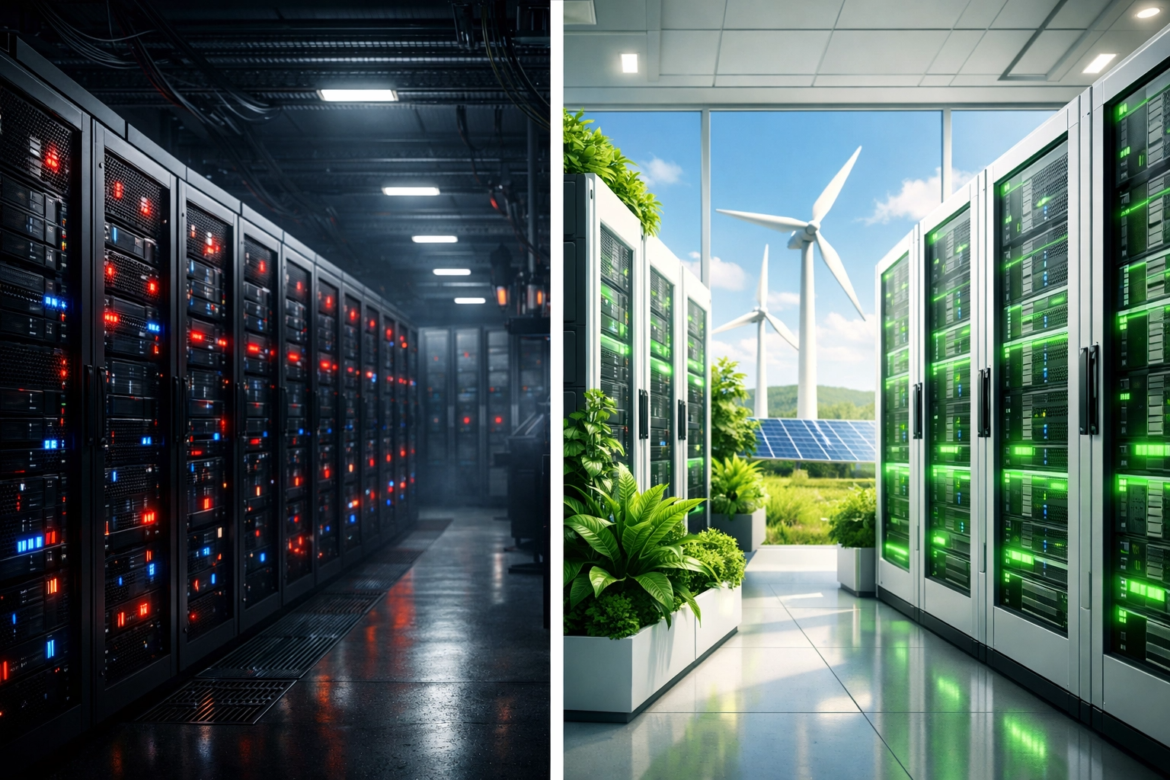 Split image showing a dark, traditional data center with red and blue lights on the left, contrasting with a bright, eco-friendly GPU rental facility featuring green lights, plants, wind turbines, and solar panels on the right.