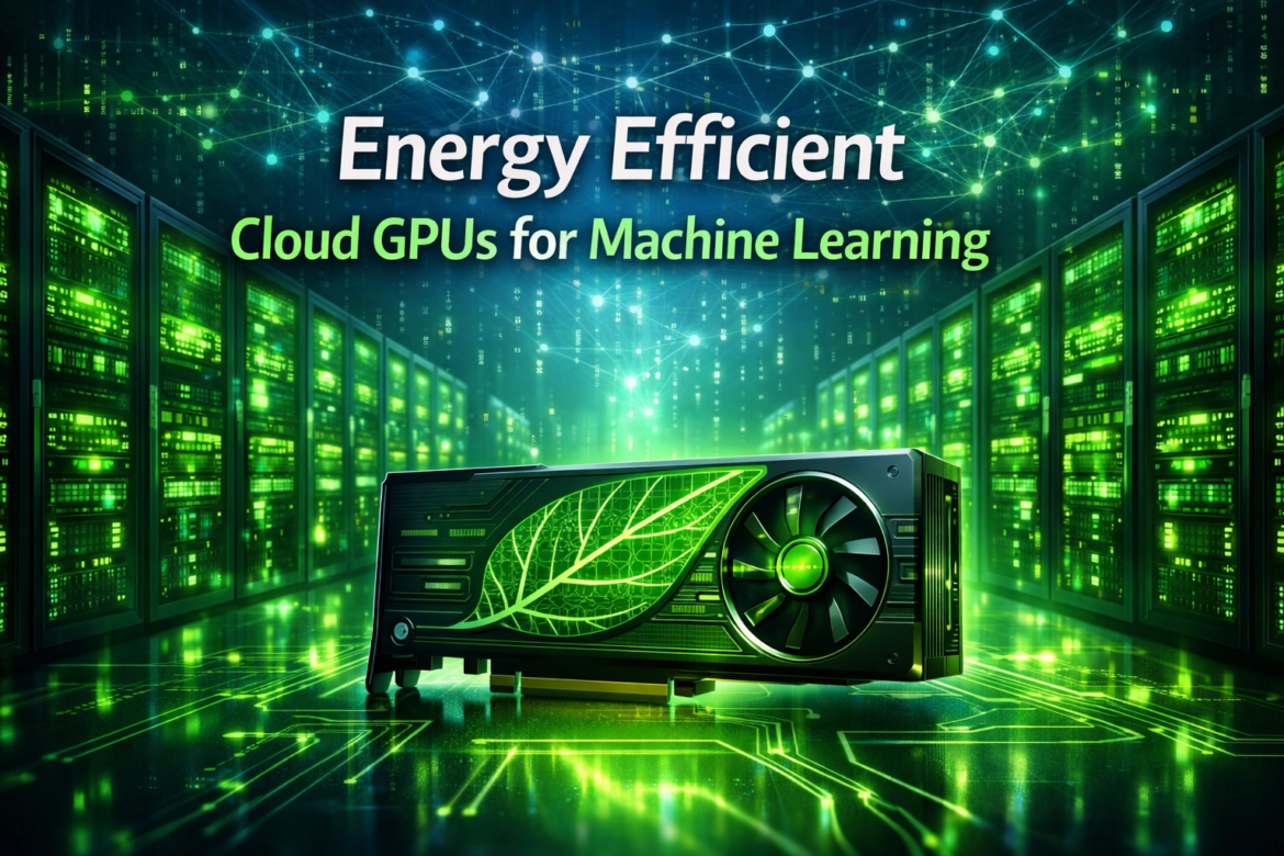 "Energy-efficient cloud GPU for machine learning, featuring a stylized GPU card with a leaf design in a futuristic, green-lit data center."