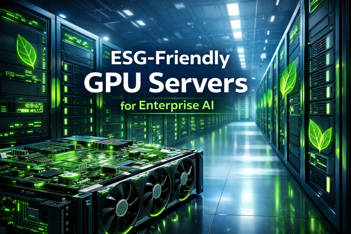 A professional 3D render of a futuristic data center with rows of server racks. In the foreground, a high-performance GPU unit with glowing green circuit patterns and cooling fans is visible. The image features glowing green leaf motifs on the server racks, symbolizing sustainability. Centered text reads "ESG-Friendly GPU Servers for Enterprise AI" in bold, modern white and green typography.
