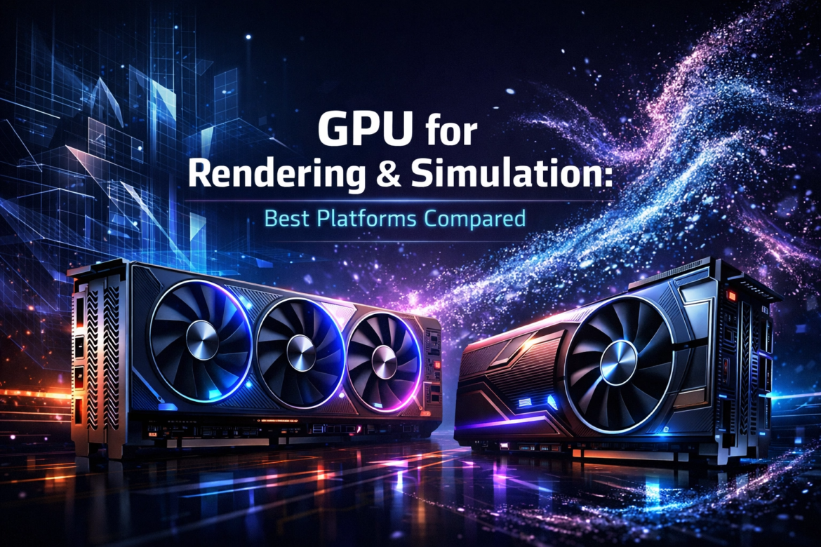 "A futuristic landscape-oriented blog cover featuring two high-performance GPUs with glowing neon blue and purple accents. The background displays abstract 3D architectural wireframes and a swirling cosmic fluid simulation, with the title 'GPU for Rendering & Simulation: Best Platforms Compared' written in professional white and blue typography."