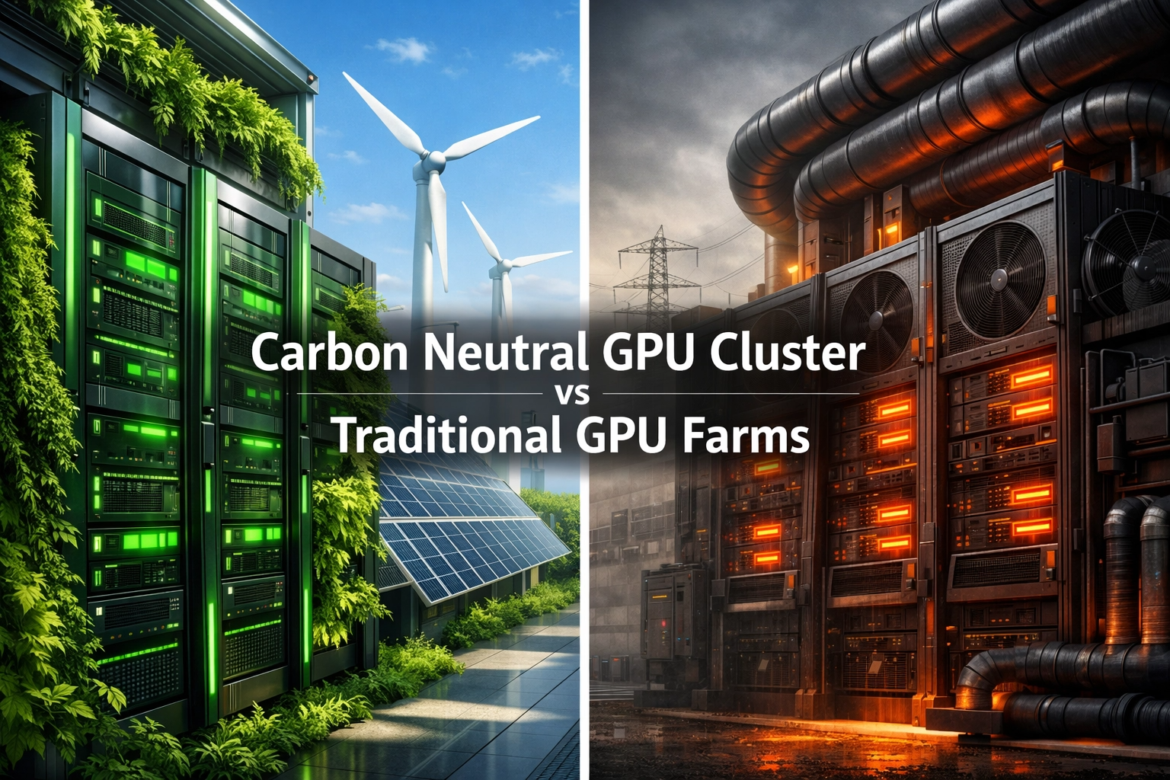 "A split image comparing a carbon-neutral GPU cluster (left, with green servers, wind turbines, and solar panels) and a traditional GPU farm (right, with industrial servers, orange heat, and power lines). The title 'Carbon Neutral GPU Cluster vs Traditional GPU Farms' is overlaid."