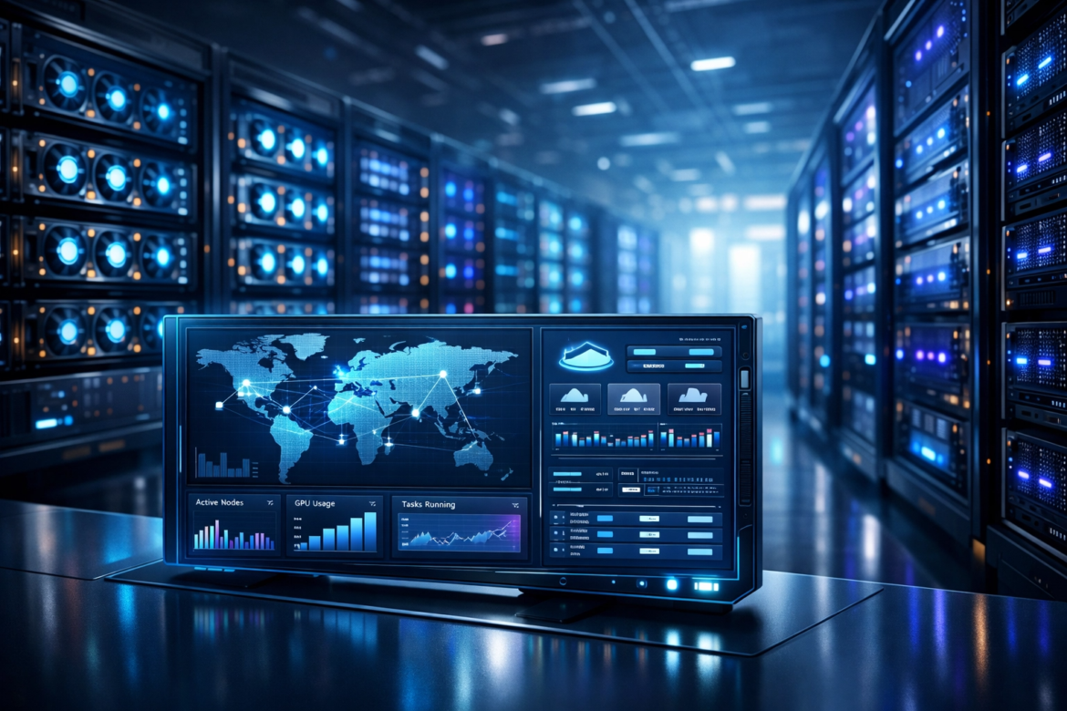 "Futuristic data center with glowing GPU racks and a digital dashboard displaying network connections and compute metrics, representing GPU compute marketplace platforms in 2026."
