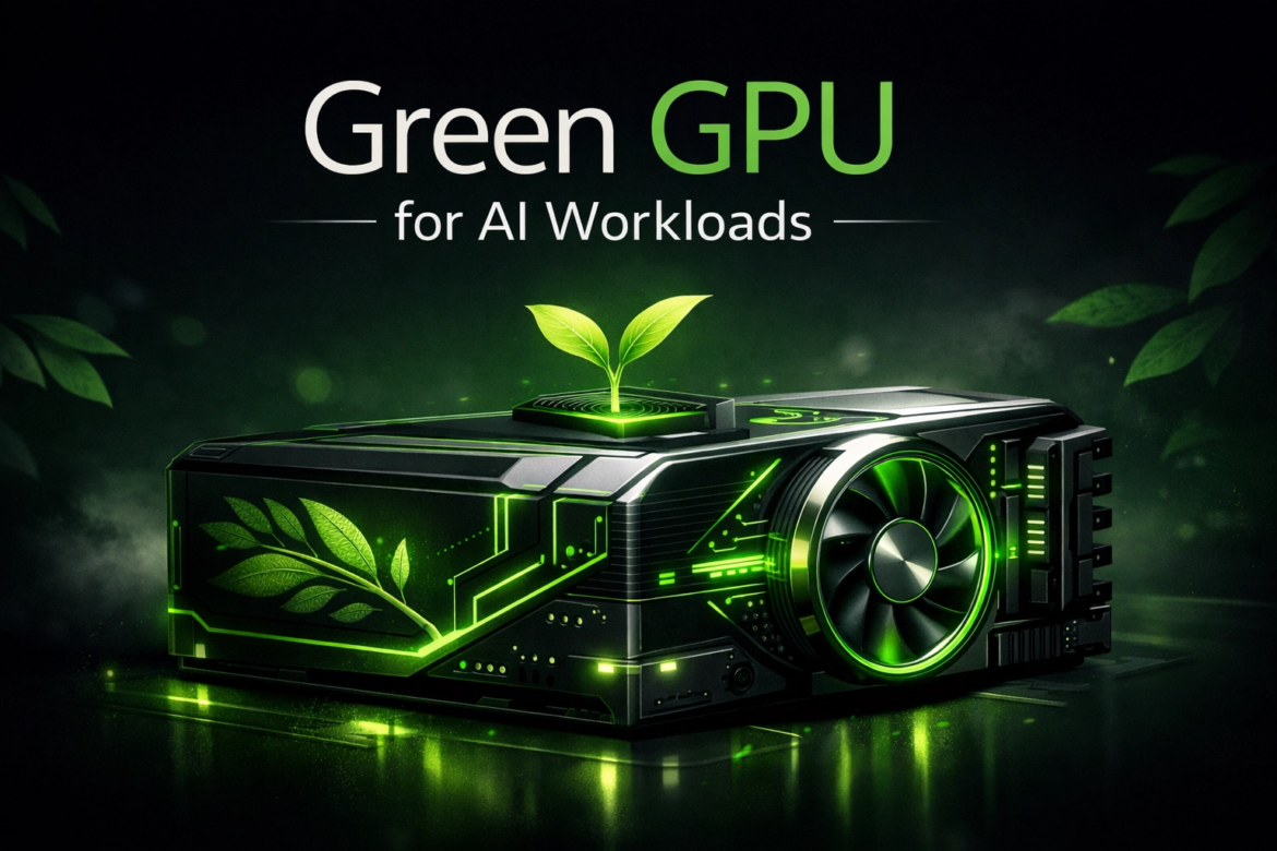 "Close-up of a futuristic GPU with glowing green circuitry and a small green sprout growing from its top, with the text 'Green GPU for AI Workloads' prominently displayed. The image emphasizes sustainability and technology."