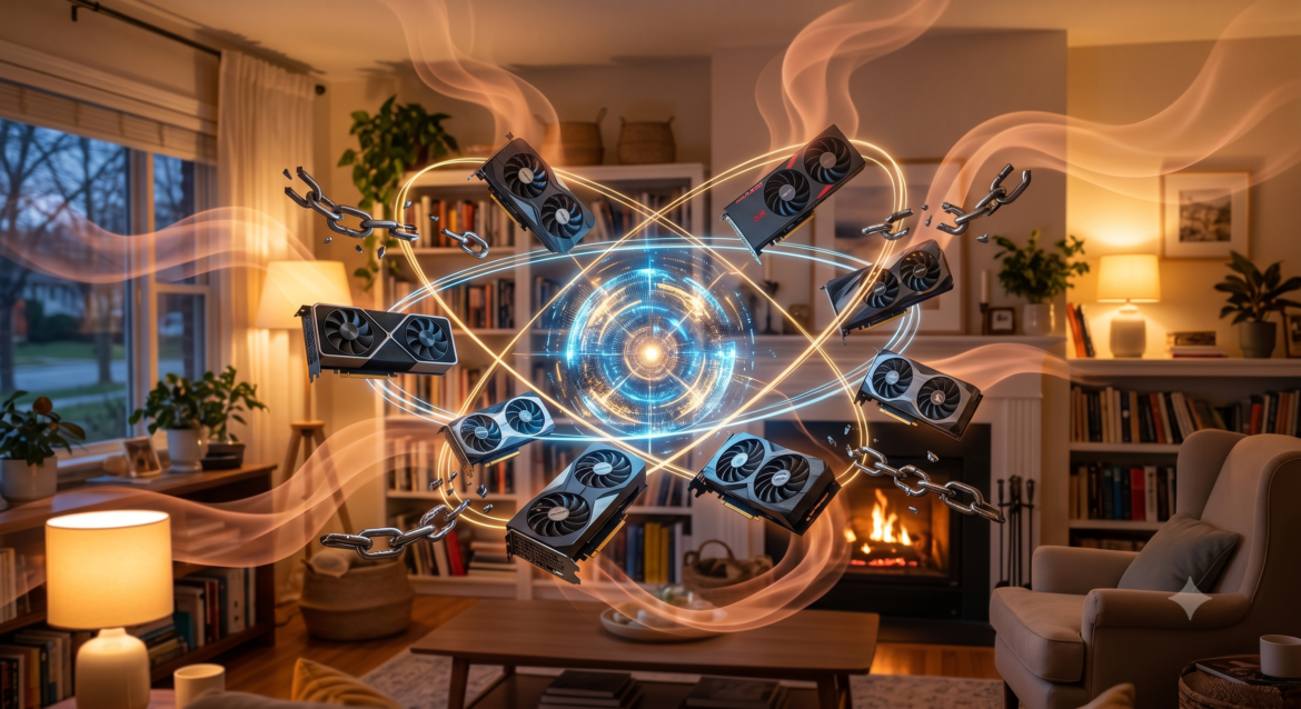 A network of interconnected consumer GPUs (like gaming cards) orbiting a glowing central node, with broken chains representing centralization, all inside a cozy living room with warm air currents illustrated as soft orange waves.