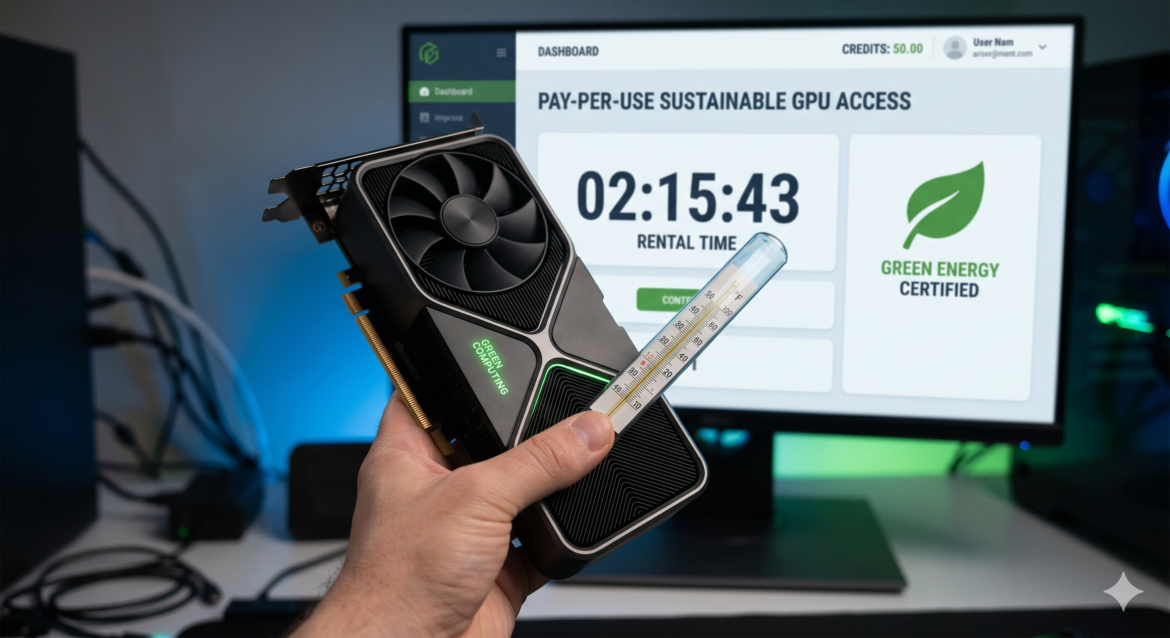 A hand holding a room-temperature thermometer and a GPU card, while an on-screen dashboard shows a rental timer and a green energy leaf icon, symbolizing pay-per-use sustainable GPU access.