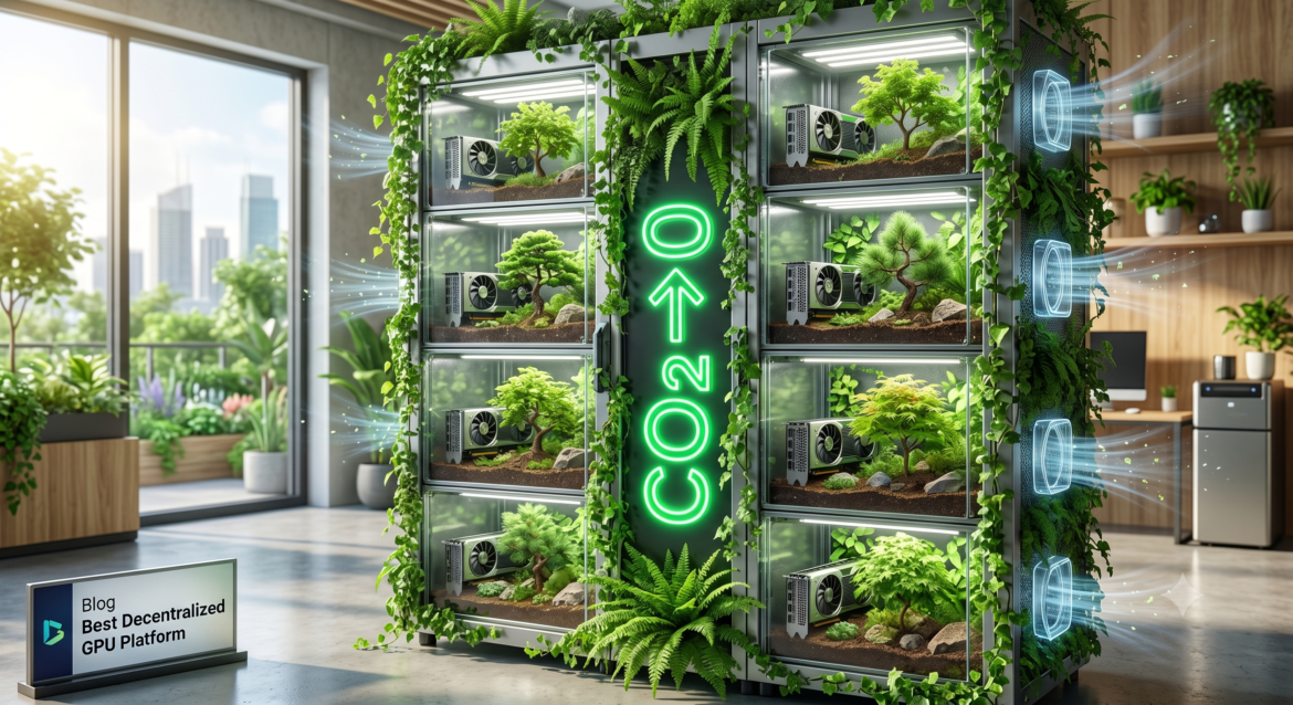 A server rack transformed into a lush vertical garden, each server blade featuring a GPU and a small tree, with “CO2→0” in bright green letters and room air flowing around them.