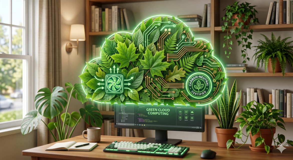 A stylized cloud made of overlapping green leaves and circuit traces, with a small fan icon and a carbon-neutral badge, floating above a cozy indoor setup with a desktop computer and houseplants.