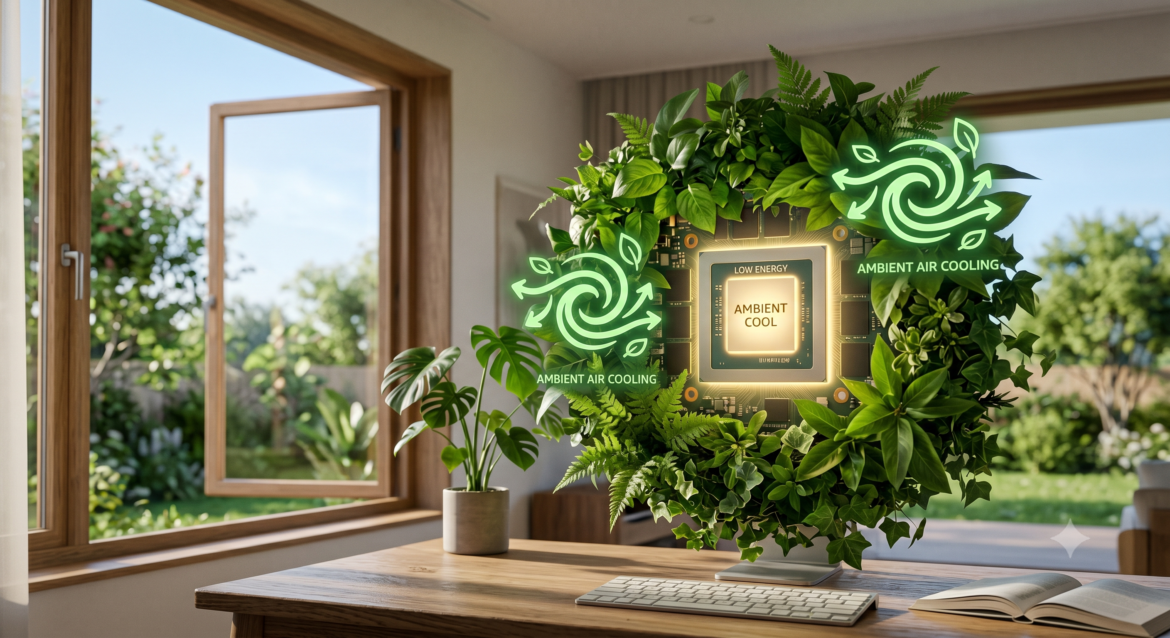 A glowing GPU chip surrounded by green leaves and a fresh air symbol, set against a backdrop of a modern room with an open window and a subtle blue sky, conveying low-energy computing powered by ambient cooling.